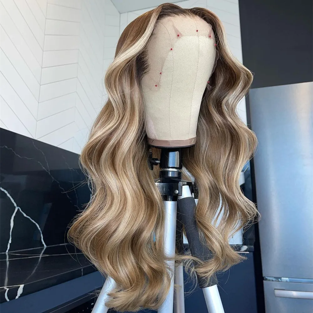 

Body Wave Lace Front Wig Synthetic Hair Highlight Blonde Glueless Transparent Lace Long Wavy Synthetic Lace Wigs for Women