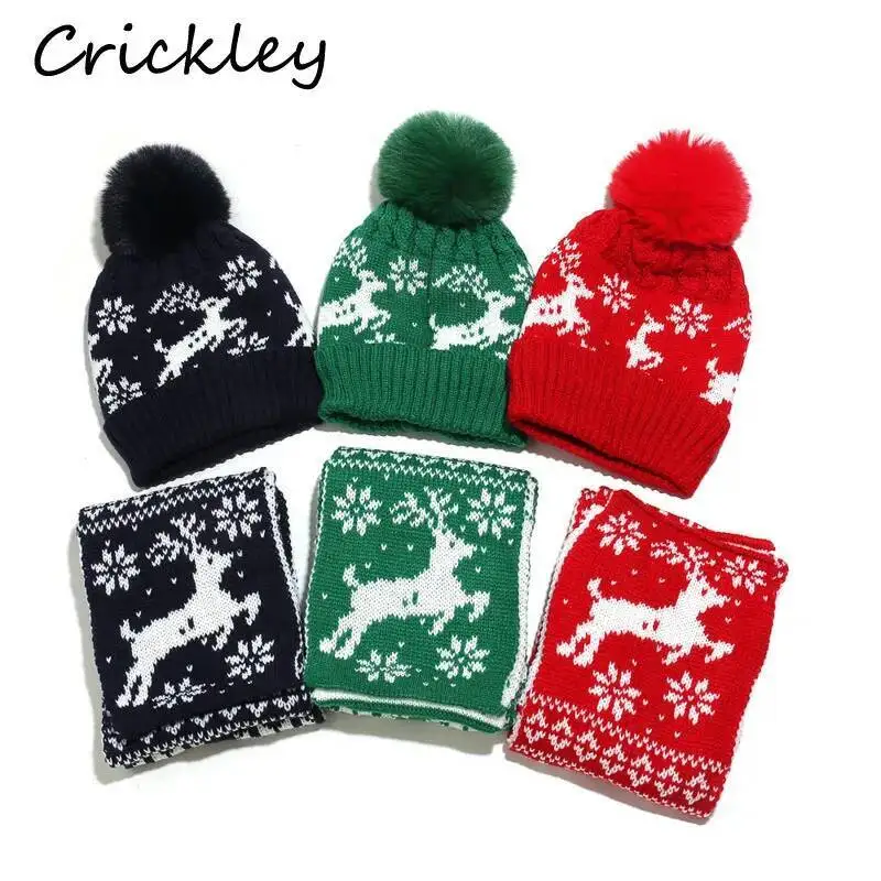 

Christmas Elk Kids Hats Scarf Set Winter Jacquard Knitted Boys Girls Caps Pompom Warm Fleece Soft Children Hats