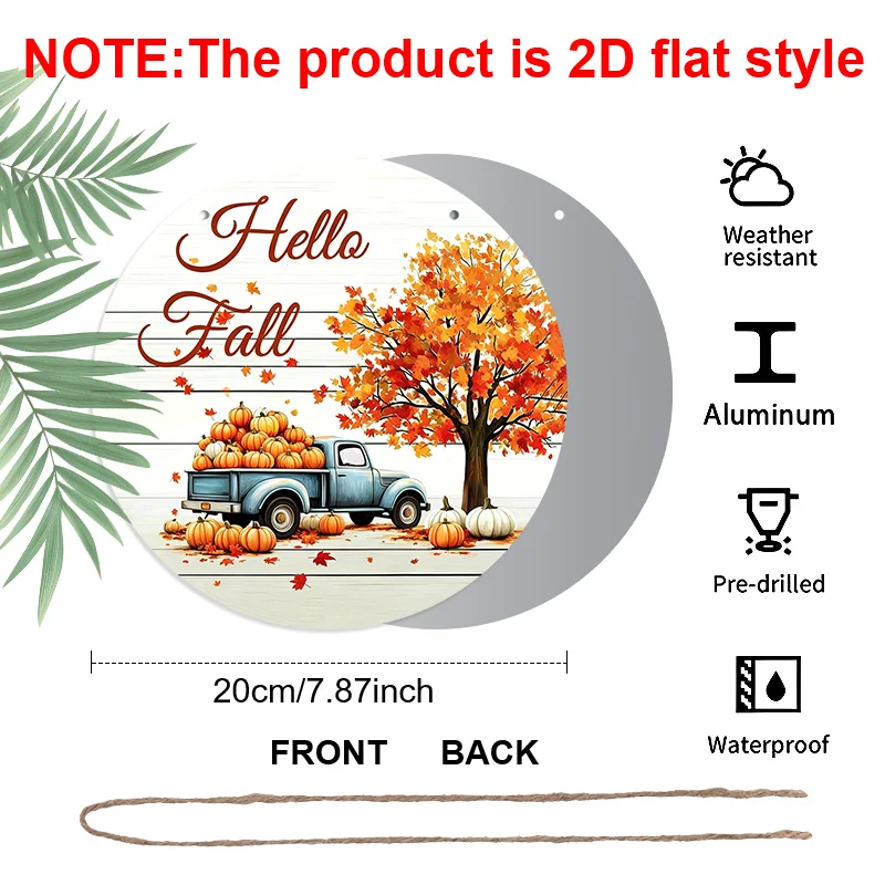 2D Flat, 1pc Hello Fall Aluminum Hanging Ornament, Rustic Farmhouse Autumn Harvest Pumpkin Maple Leaf Truck Front Door