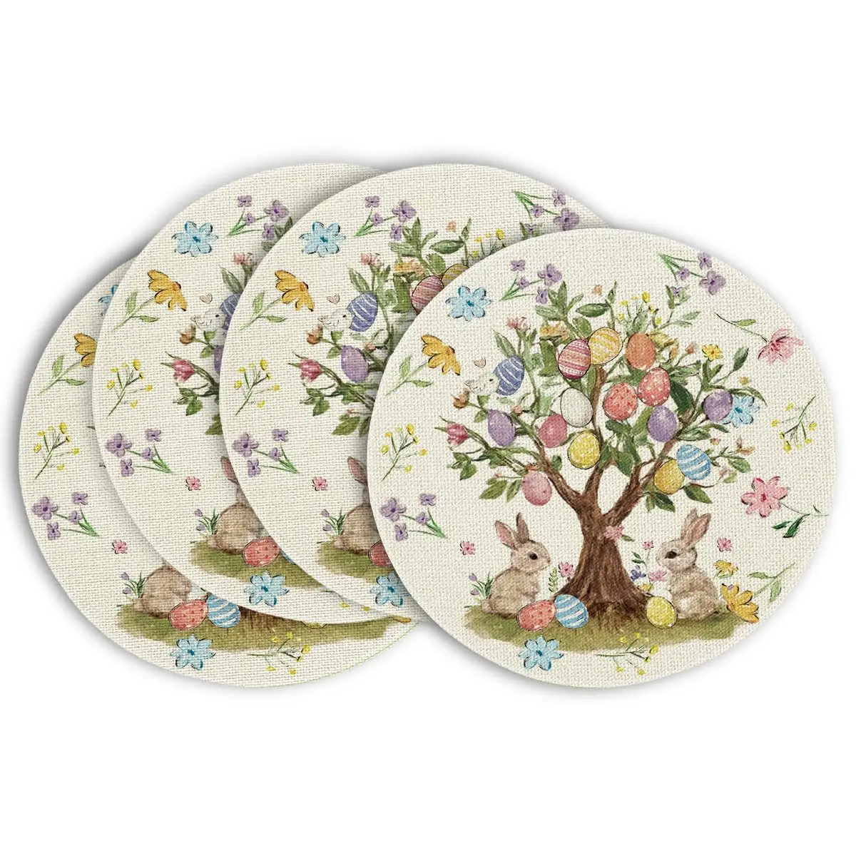 

Bunny Rabbit Eggs Tree Flowers Round Easter Placemats , 14 Inch Spring Round Table Mats for Dining Decoration