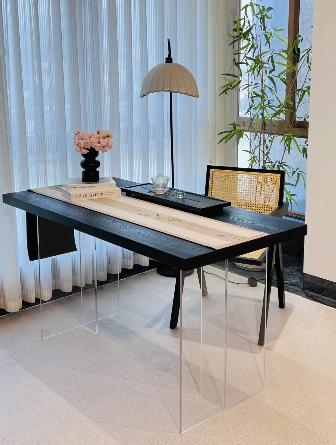 Suspended dining  Solid wood black desk Light luxury  Balcony tea  Coffee table Creative computer
