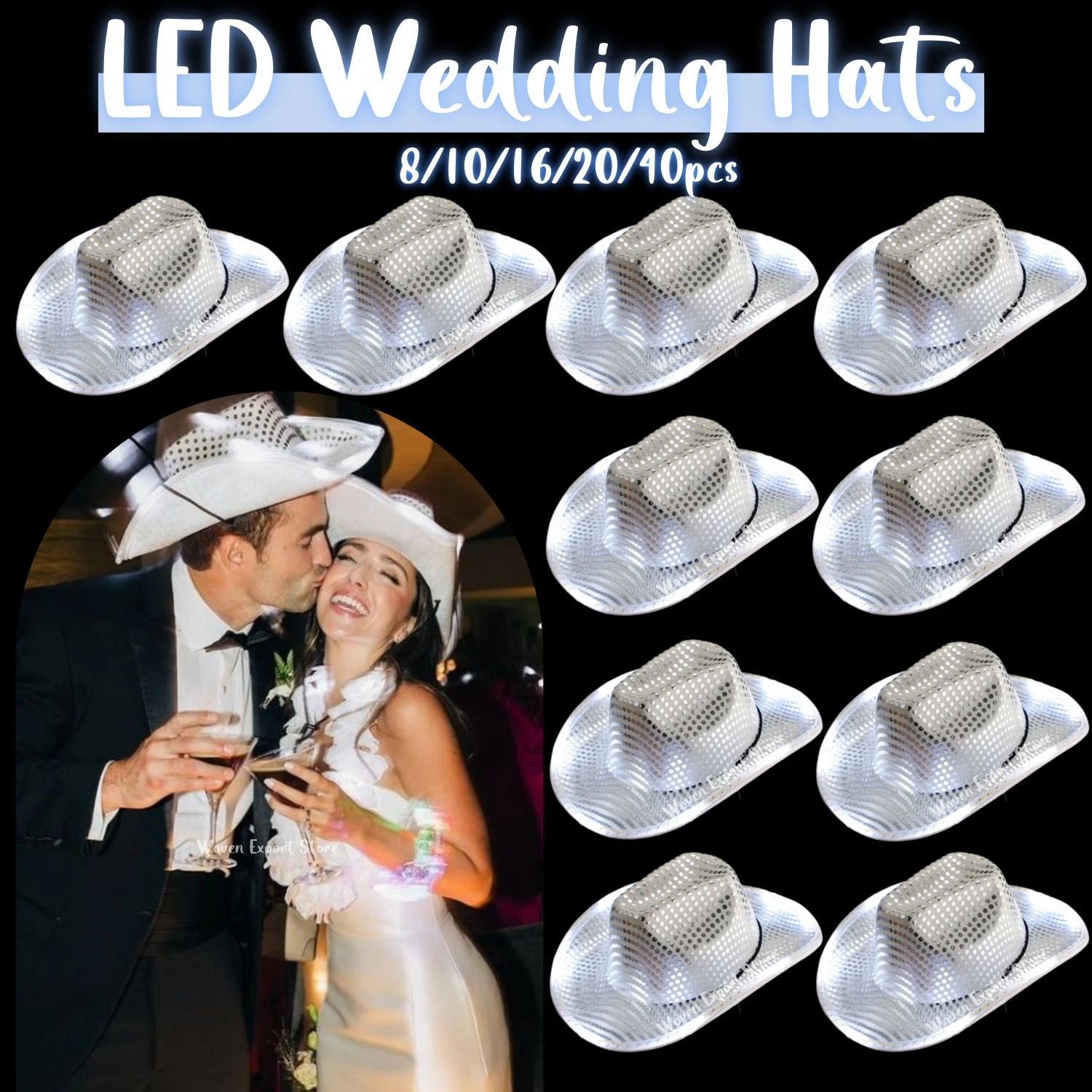 8/10/16/20/40pcs Light Up Cowboy Hats Women's Cowboy Hats LED Flashing Wedding Hats for Wedding Reception Dance Bachelor Party