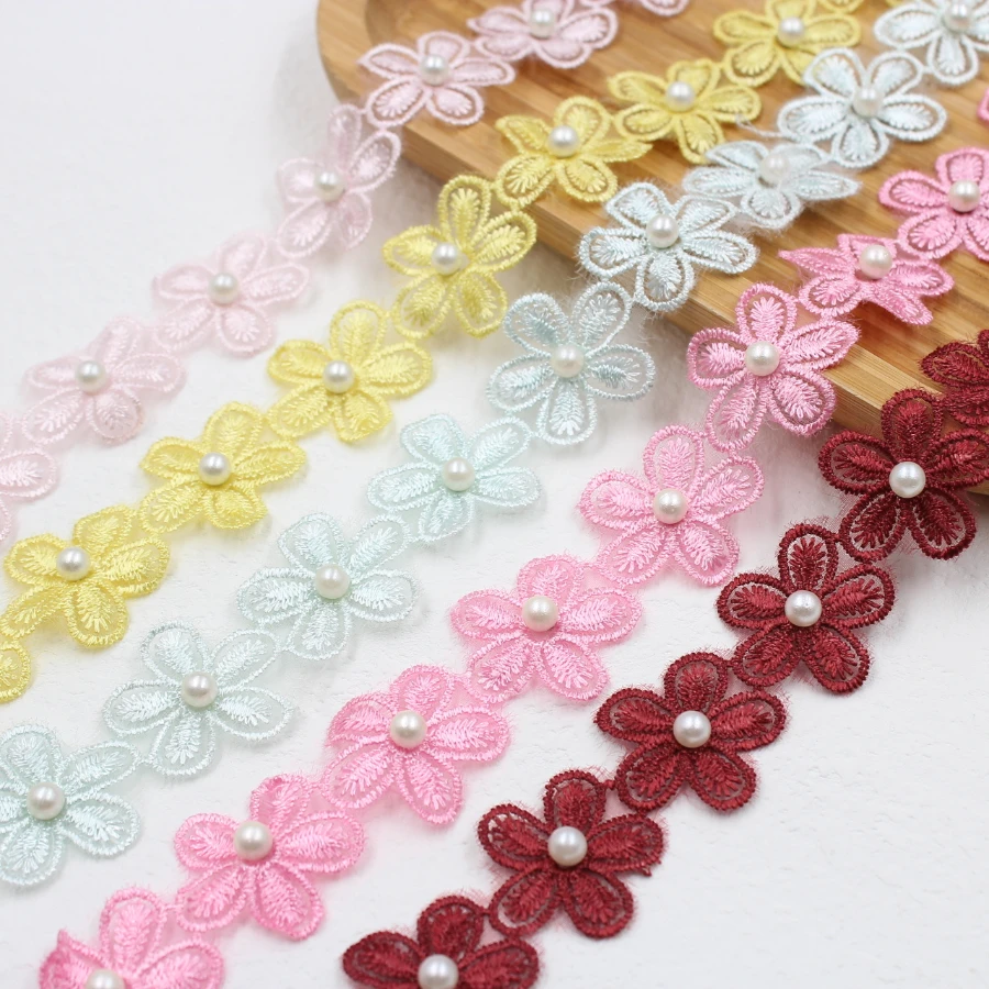 1Yard/Lot 30mm Flower Pearl Embroidery Lace Trim Ribbons Wedding Dress Sewing Garment Accessories