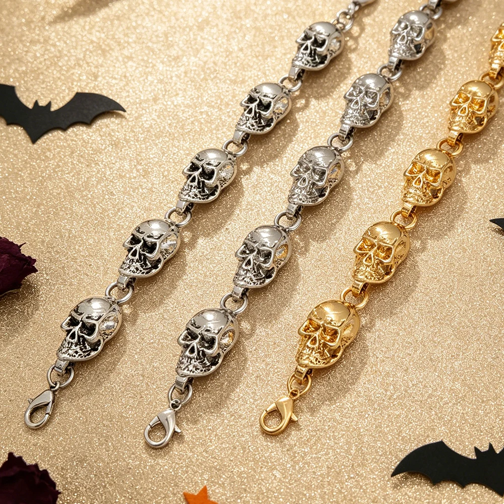 Vintage Distressed Multi-Skeleton Patchwork Bracelet, Gold and Silver Two-Tone Gothic Style Multi-Layer Skeleton Chain Halloween Punk Accessory