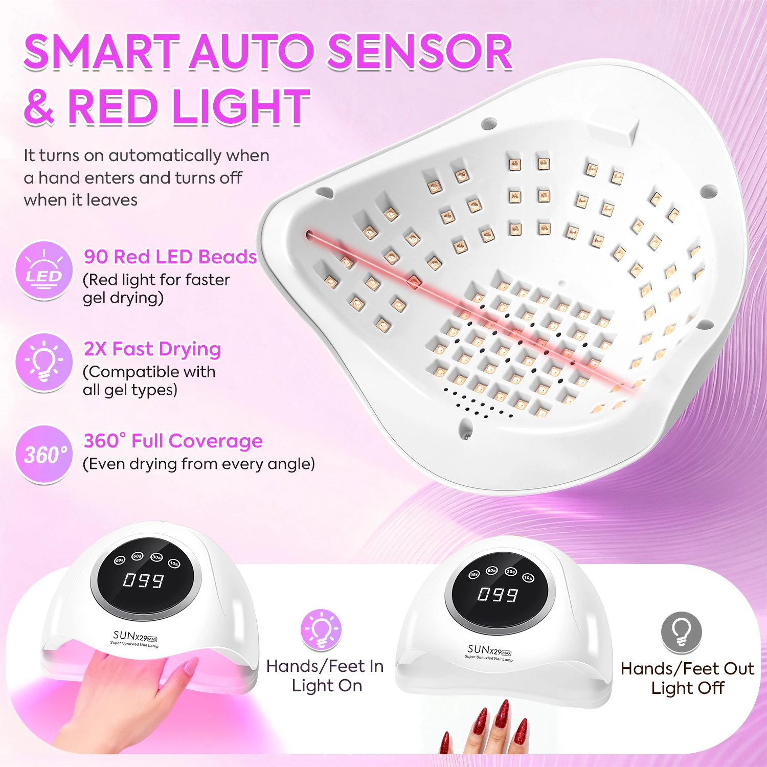 DianaBeauty Lampada per unghie UV professionale a LED da 380 W per smalto gel ad asciugatura rapida Lampada per asciugatura gel da 90 LED con 4 impostazioni timer