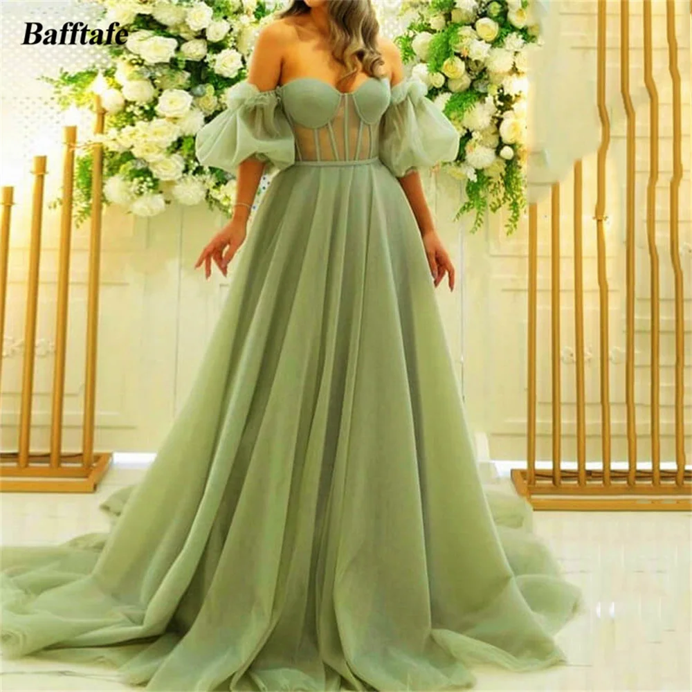 

Bafftafe A Line Mint Green Tulle Formal Prom Dresses Short Sleeves Evening Dress Women Transparent Bones Special Occasion Gowns