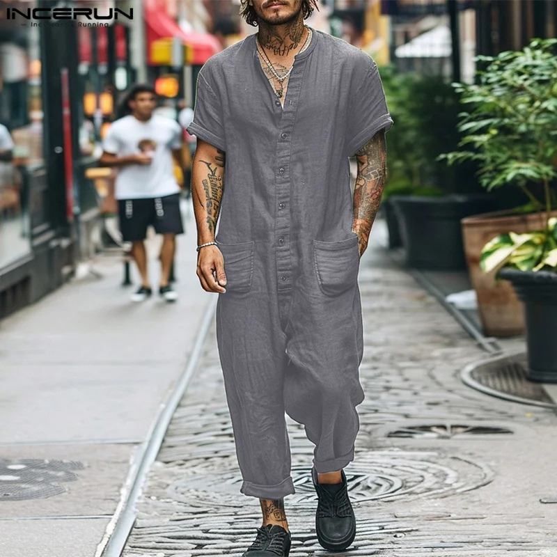 

INCERUN Men Jumpsuits Solid Color O-neck Short Sleeve Button Casual Rompers Streetwear 2024 Loose Pockets Fashion Male Overalls