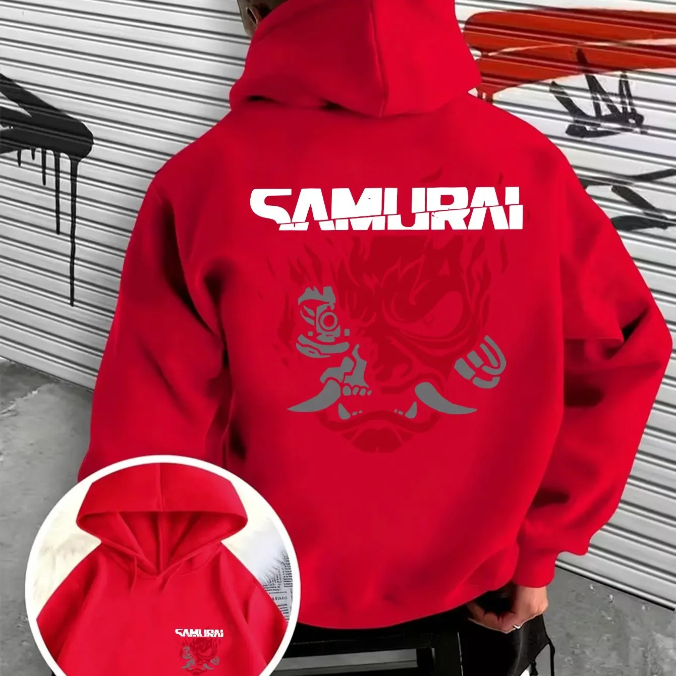 Coole Cyberpunk-Krieger-Dämonenmaske-Aufdruck Herren-Kapuzenpullover für Herbst/Winter, Alltag, Outdoor-Sport, Locker Geschnitten, Fitness – Detail 4