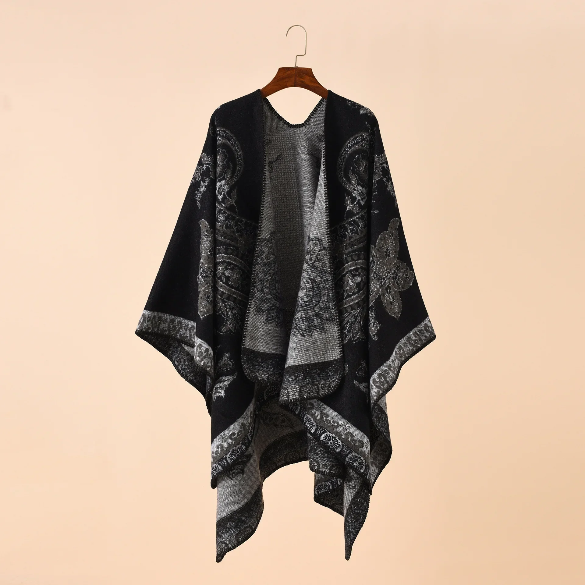 2025 Autumn Winter New Street Geometric Lattice Flower Pattern Imitation Cashmere Warm Shawl Cloak Women Poncho Capes Navy