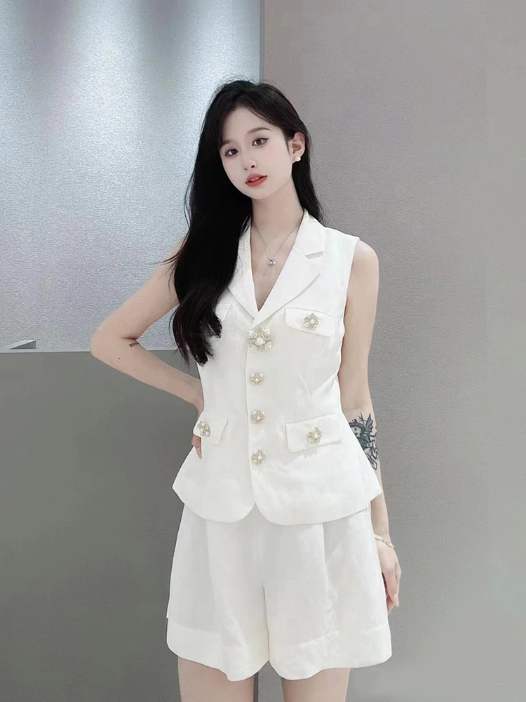 High-End Dames Svel Suit Vest Top+orts Set Ele Miss Rich Sle Faionable Tweedelig Ensemble Wol Stof Knoop...