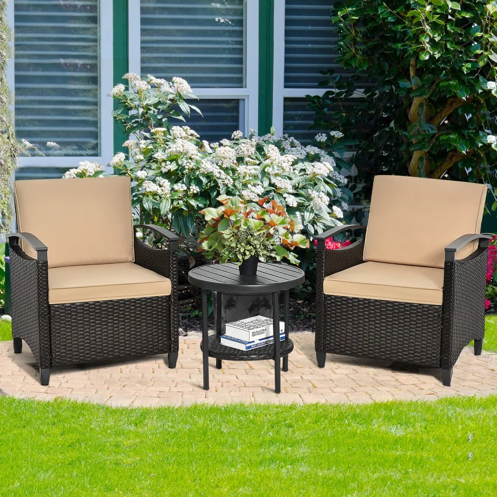 

3PCS Outdoor Wicker Bistro Set Patio Conversation Furniture Set w/ Cushions