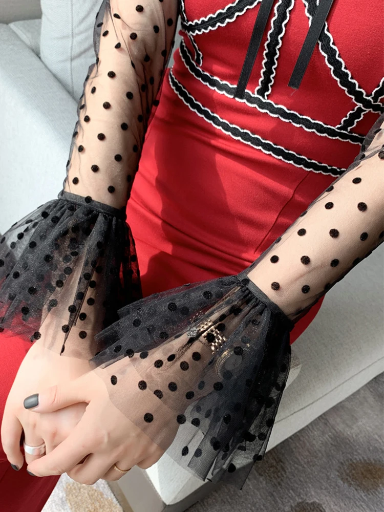 Koreański styl Celebrity elegancka seksowna sukienka Midi kobiety 2023 Sheer Dot Mesh łączone Wrap Hip Bodycon kobieca szata Party Vestidos