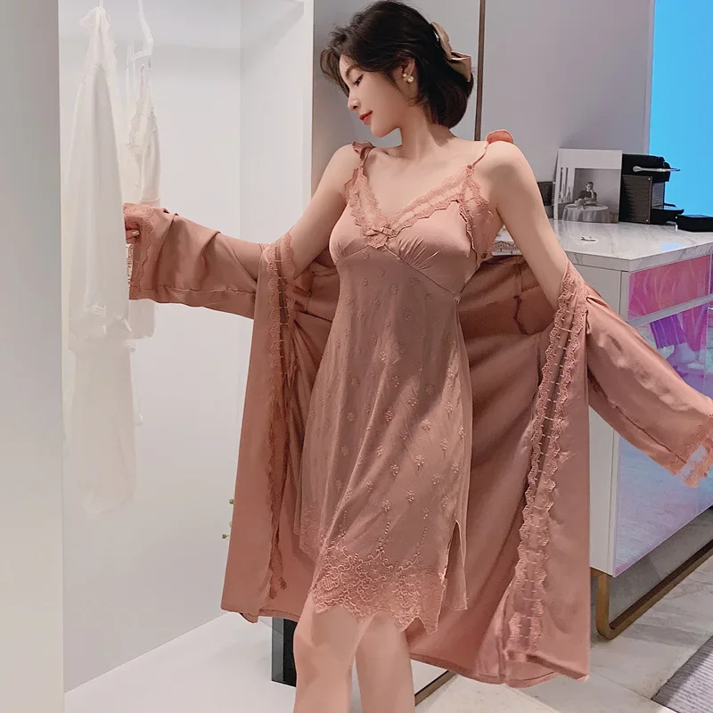 MECHCITIZ Women Sexy Wedding Nighty Robe Gown Set Lace Sleepwear Pajama Dress Long Sleeve V-neck Pijamas Kimono Home Lounge Suit