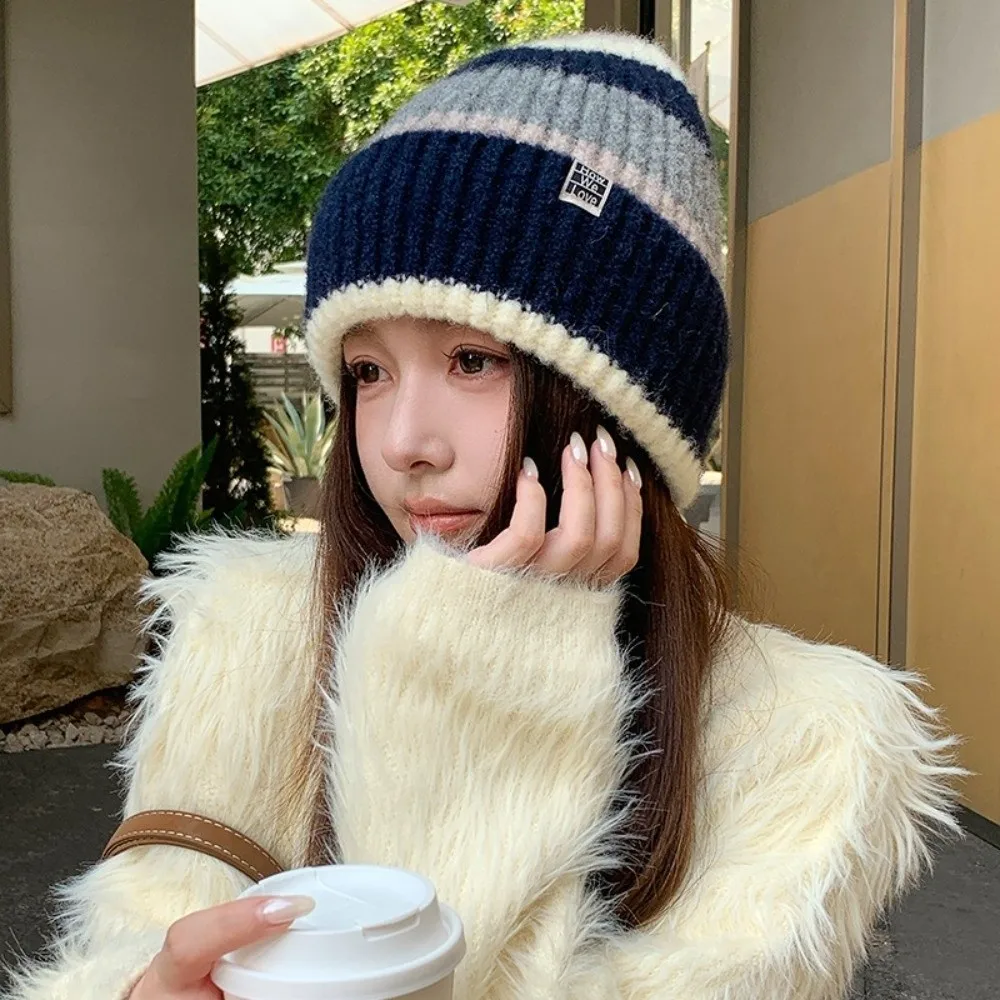 Wool Acrylic Mix Stripe Knitted Beanie Ear Protection Earflap Warm Winter Beanie 56cm to 58cm Head Circumference Stretchable Fit