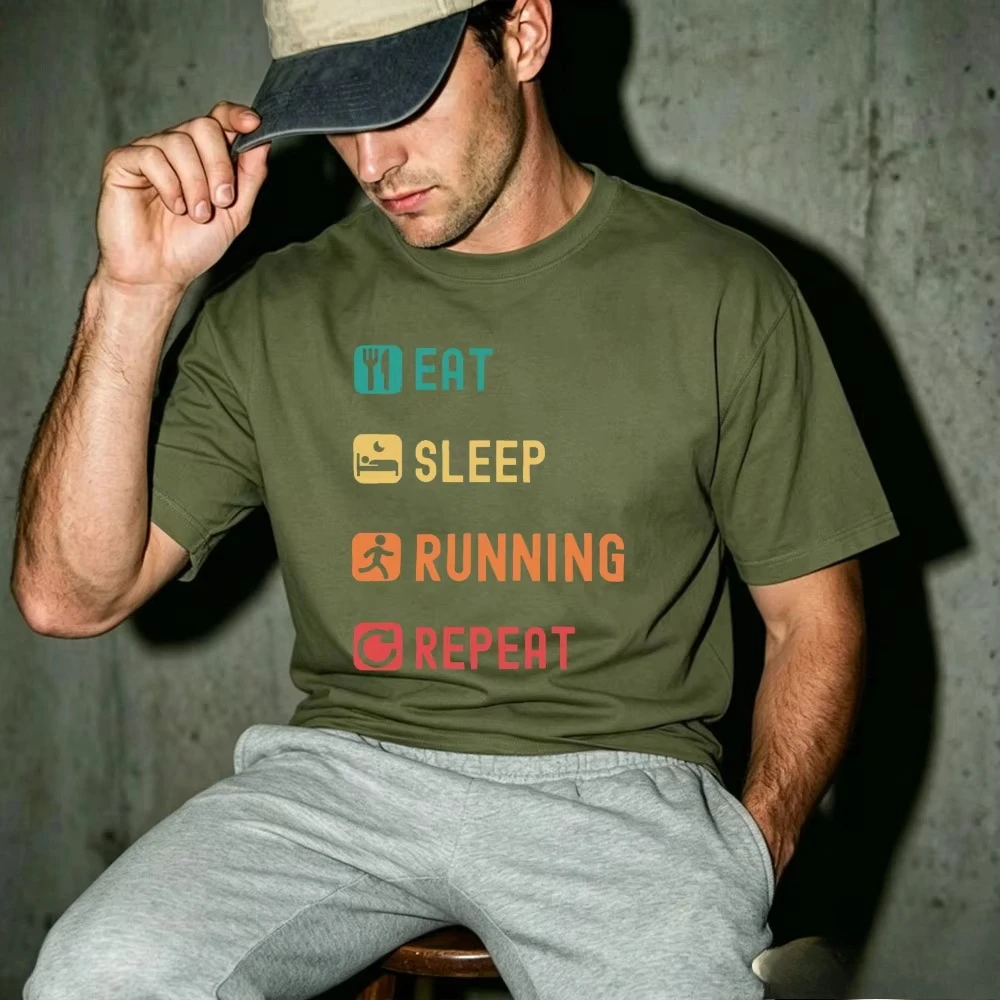 Fitness Graphic Tee Multicolor Icon Eat Sleep Running Repeat Slogan Typography Print Men T Shirt Summer Streetwear Clothes