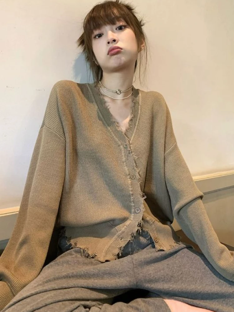 Ripped Cardigan Women Vintage Autumn Loose Personality Harajuku Girlish Fashion All-match Cozy Korean Style Casual New Minority