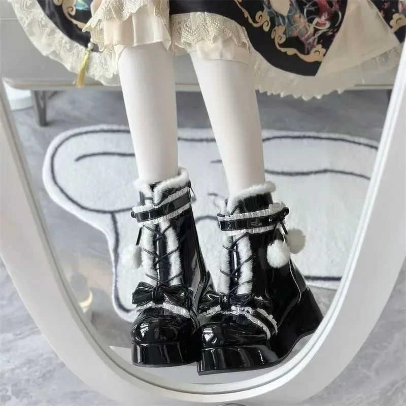 Sweet Winter Girls Lolita Mid-Calf Snow Boots,Cute Female Students Plush Warm Bowknots Lace Up Wedge Heel Heightening Shoes