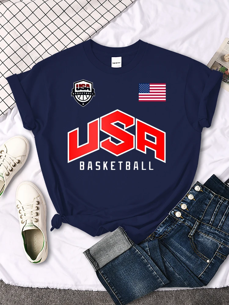 USA Basketball  Flag logo Printed T-Shirts Women Summer Loose Fashion Short Sleeve O-Neck Casual Breathable Tops Tshirt Female