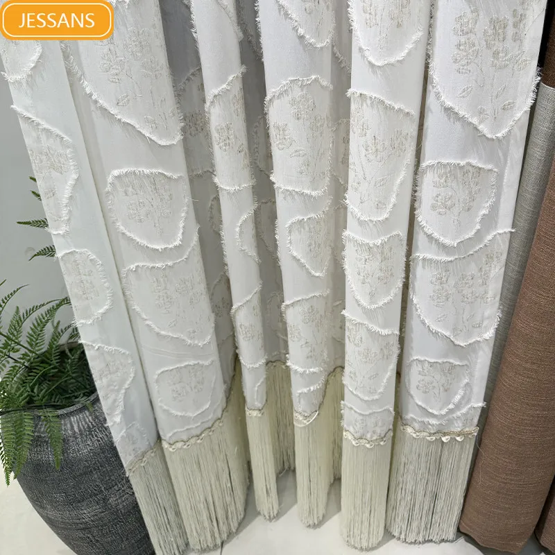 Dark Grain Old Cotton Linen White Yarn Jacquard Tassel Window Screen Curtains for Living Room Bedroom French Window Floating