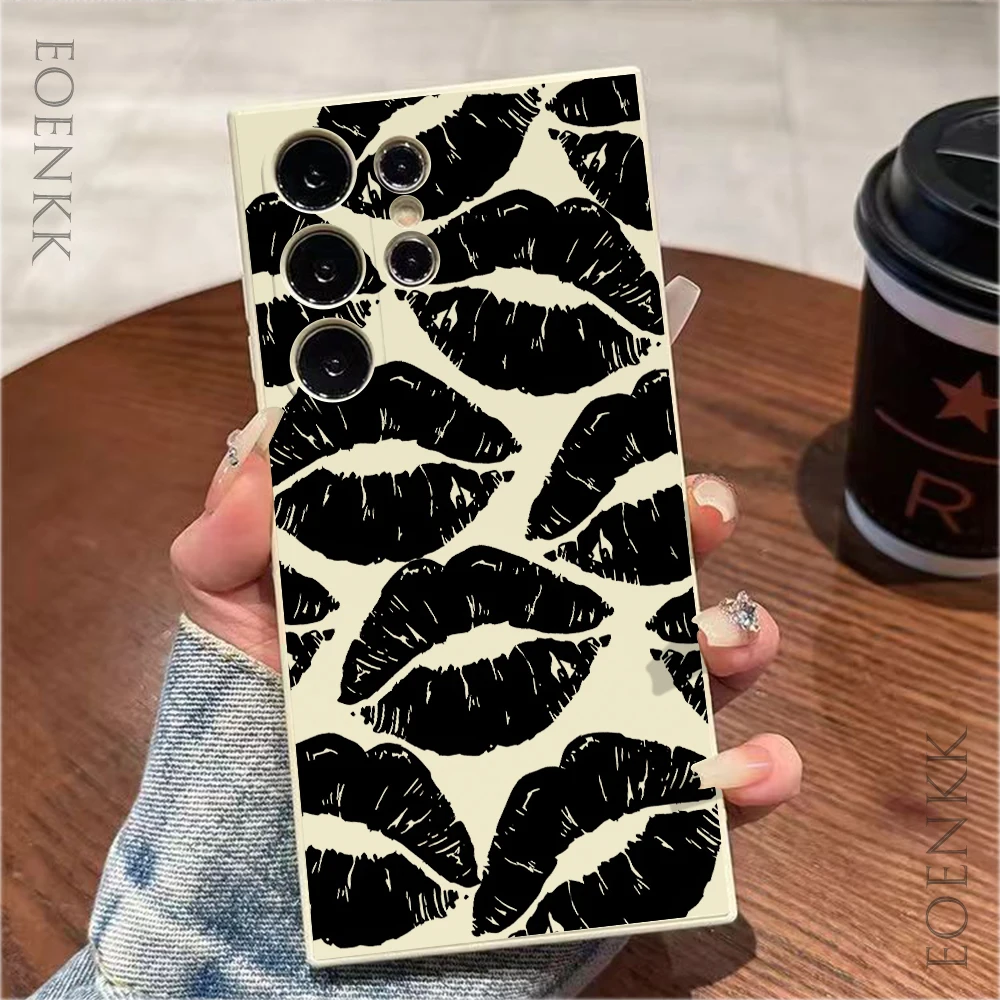 Black Lips Soft Matte Phone Case for  Samsung Galaxy Note 10 20 Lite S25 S24 S23 S22 S21 S20 Ultra FE Plus 5G Anti-fall Cover