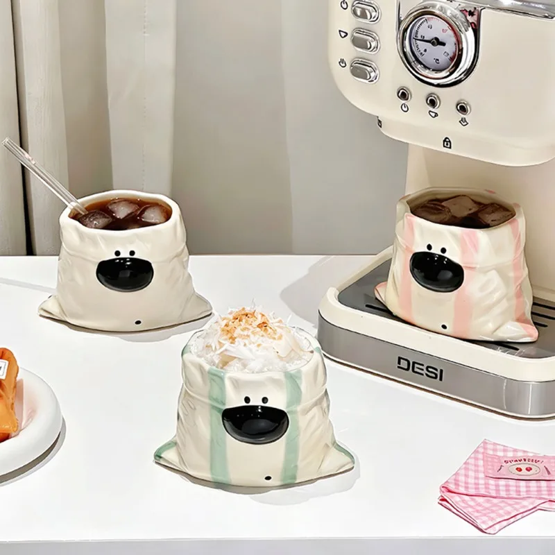 

Kawaii Bag Shape Ceramic Mug, Cute Wrinkle Striped Puppy Coffee Cup, Creative Latte Water Cups Birthday Gift for Friends Office