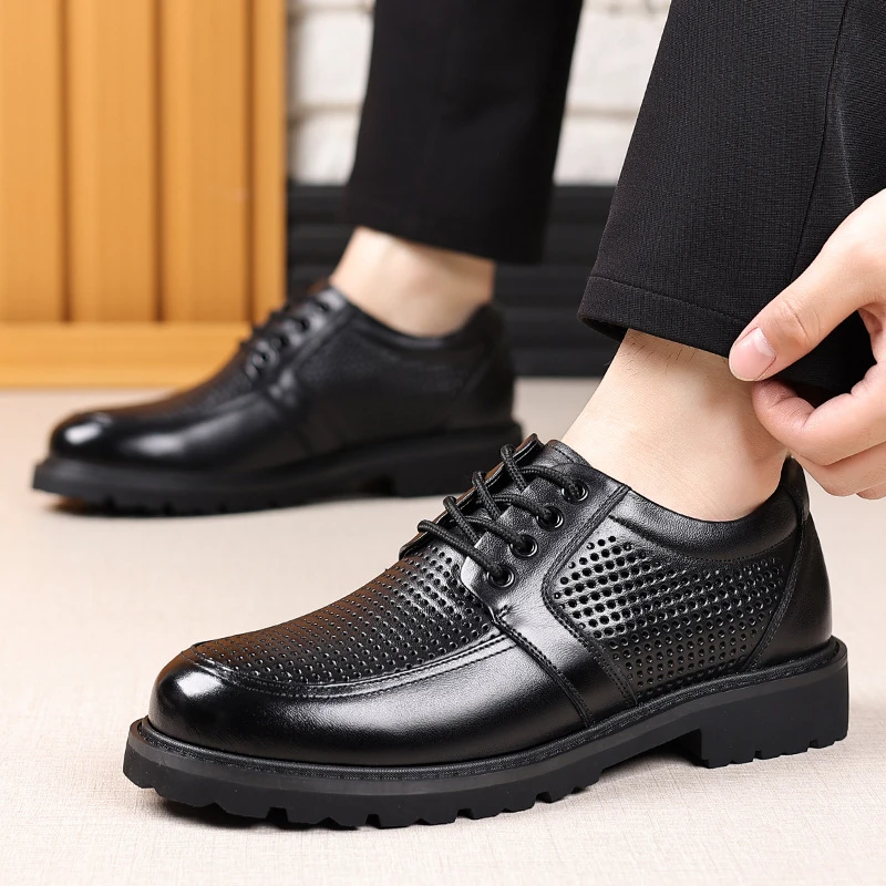 

Breathable top layer cowhide Black Leather Perforated Lace Up Chunky Sole Formal Business Office Breathable Summer Shoes Simple