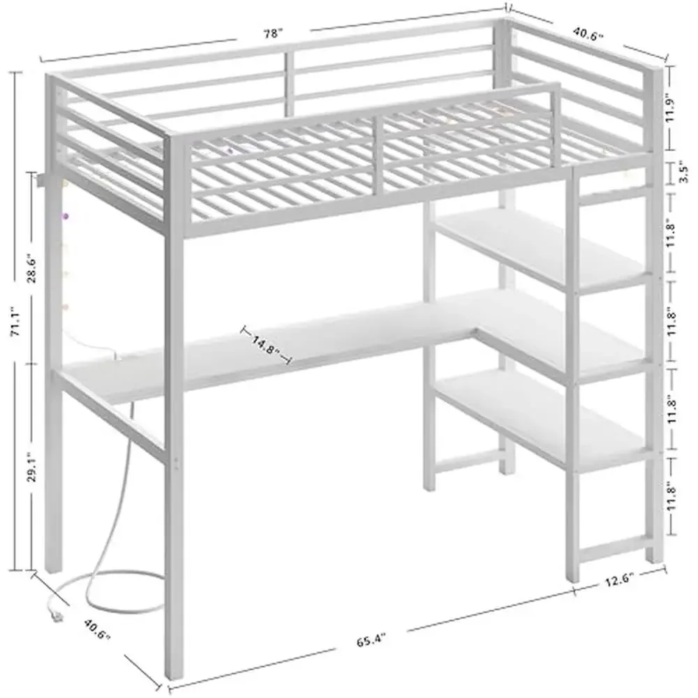 Letto a soppalco in metallo dimensioni doppie con scrivania e ripiani a forma di L presa di corrente cornice per letto a soppalco salvaspazio illuminata a LED robusta e sicura