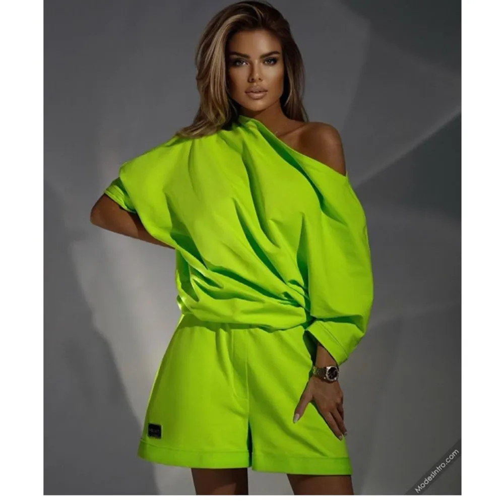 

Женский модный повседневный свитшот, шорты, костюм из двух предметов, летняя мода, однотонный воротник, свободные спортивные шорты с открытыми плечами, женский костюм