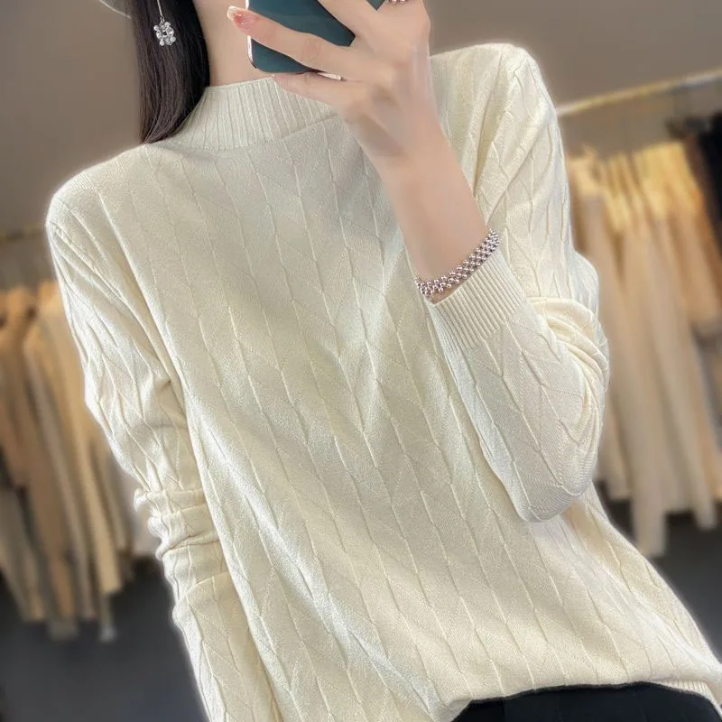 Autumn and Winter Fashion Lazy Style Solid Vintage Jacquard Half High Neck Loose Versatile Simple Slim Women\'s Knitted Sweater