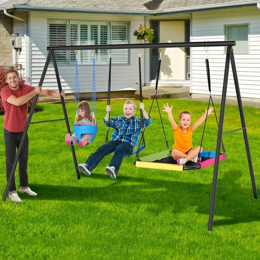 

3 Seats Swing Set for Backyard with Heavy Duty A-Frame Metal Stand 1 Saucer Swing 1 Belt Swing 1 Baby Swing Adjustable Rope Hol