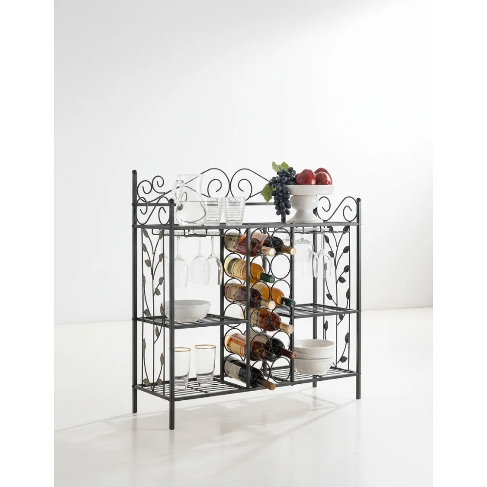 

Elegant Metal Console Table with Wine Rack, Glass Holder & Storage Shelves for Living Room Bar