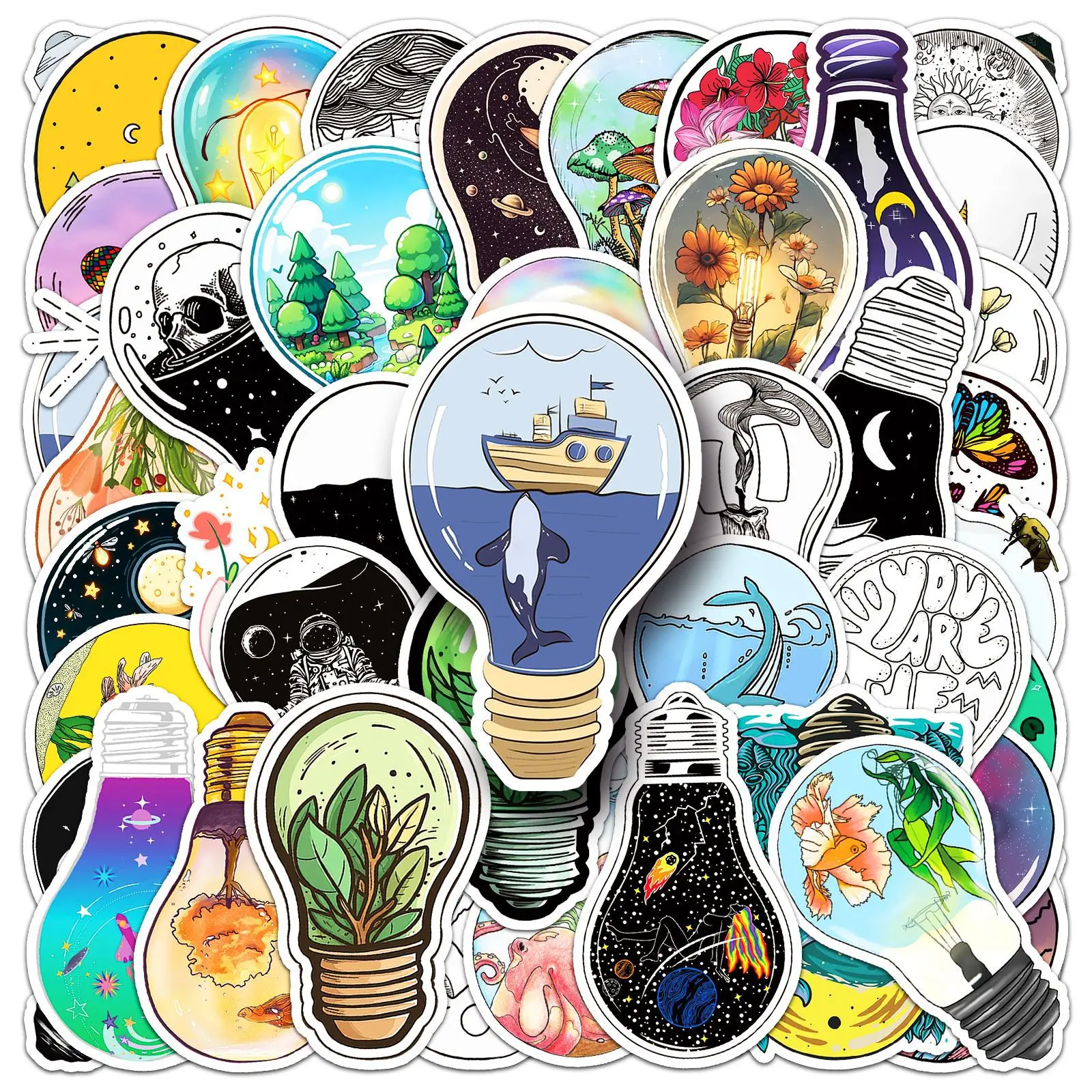 

10/50PCS Light Bulb World Graffiti Stickers Personality Sticker DIY Laptop Phone Bike Luggage Skateboard Decals Kids Toy Gifts