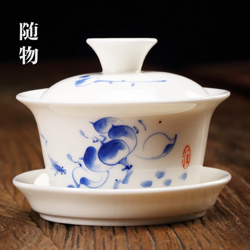 Hand-painted Large Three TalenT Covered Bowl Cup, CeramiC Kung Fu Tea Set, Not Hot To Hand, Jingdezhen Blue And White