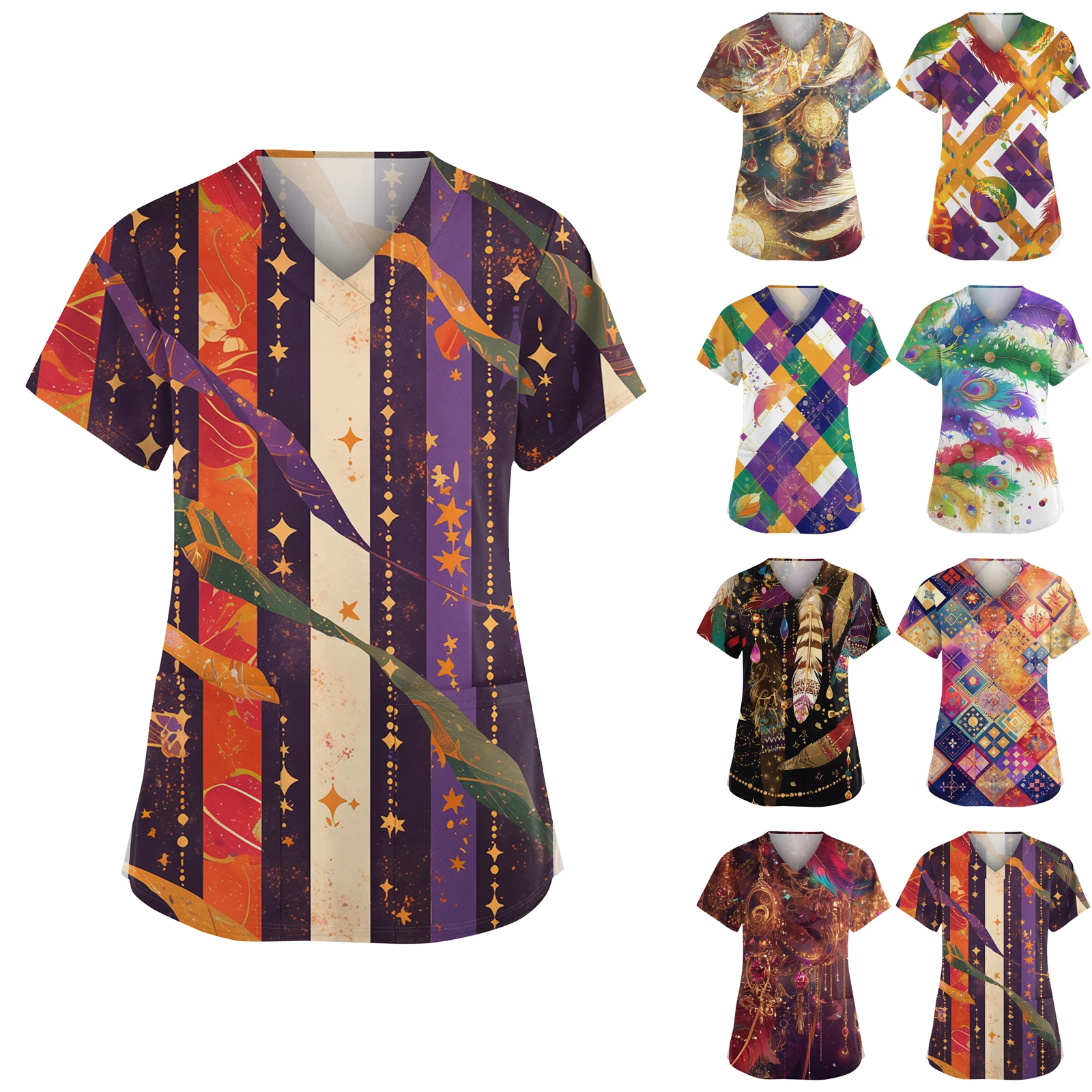 Uniformi da infermiera da donna Abbigliamento da carnevale Top Versatile Casual Elegante scollo a V Stampato a maniche corte Pullover di base Tasche Spacco laterale