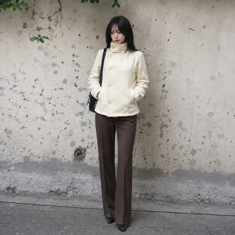 2026 Herbst- und Winterneuheit: Koreanischer College-Stil, dunkle, dicke Damen-Hoodie-Jacke mit Stehkragen und kurzen diagonalen Knöpfen – Detail 5