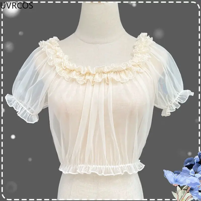 بلوزات يابانية على طراز لوليتا كاواي للسيدات عتيقة بكشكشة حلوة ورقبة دائرية وأكمام مضيئة داخل القمم صيفي لطيف شفاف من خلال القمصان