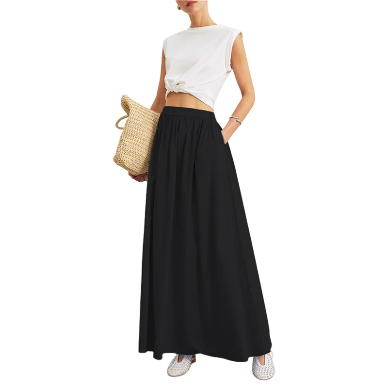 

NEW-Womens Summer Long Skirt High Waist Pleated A-Line Casual Flowy Fairy Skirts