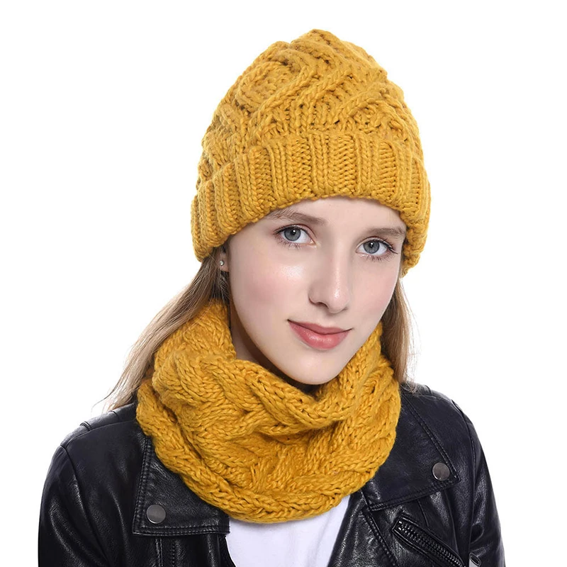 Women Knitted Hat Scarf Sets Winter Warm Knit Pullover Cap Fashion Solid Color Woolen Beanies Scarves Thickened Windproof Bonnet