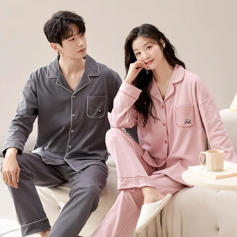 Youth Couple\'s Pajamas Autumn Cotton Soft Men and Women Matching Lounge Wear Lapel Cartoon Printed pijamas para parejas