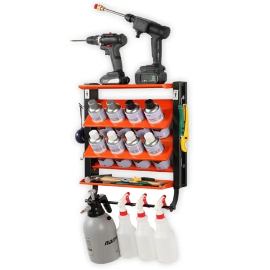 

Настенный держатель для баллончиков с лакокраской и смазкой, сверхпрочный органайзер для хранения краски и бутылок для гаража и дома, 8 отверстий для баллончиков и 2 полки