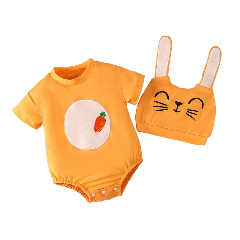 Infant Toddler Girl Boy Easter Outfits Short Sleeve Romper  Carrot Orange Bodysuit Bunny Hat