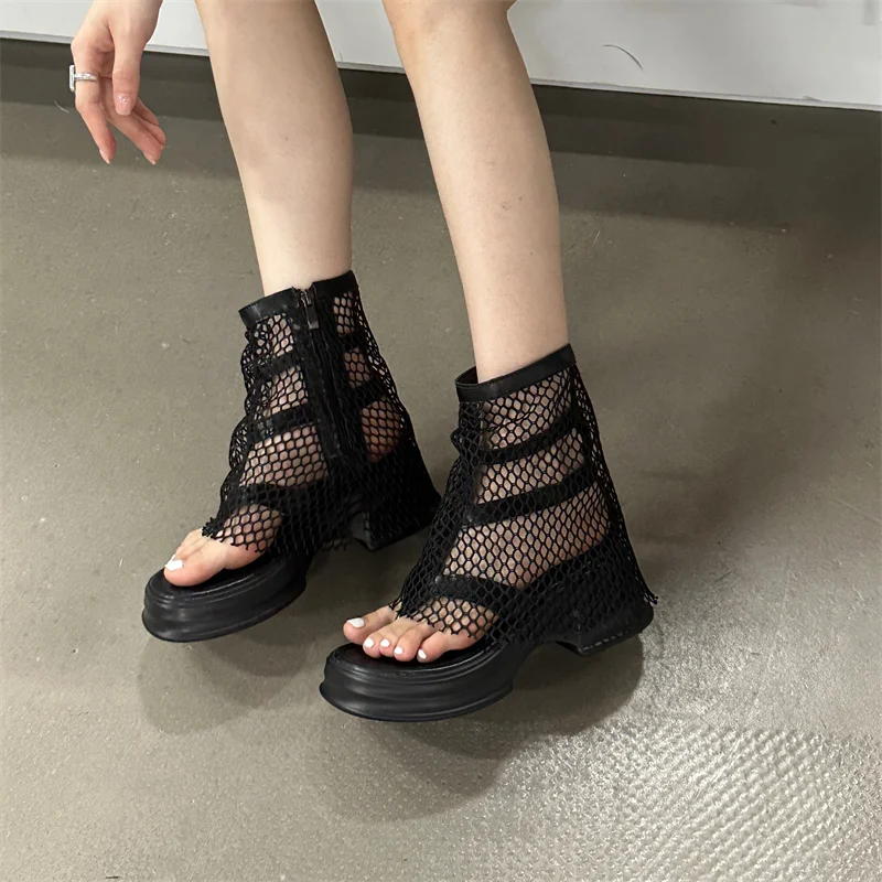 2024 Autumn Summer Cut Out Boots Mesh Net Gladiator Rome Sandals Platform Thick Block Wedge Heel Thong Shoes Bootie Women