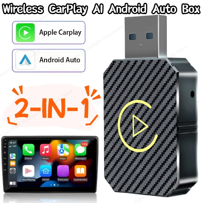 Adattatore wireless CarPlay 2 in 1 e mini adattatore wireless automatico Android WiFi Type-C/USB Plug & Play Adattatore wireless Carplay AI Box