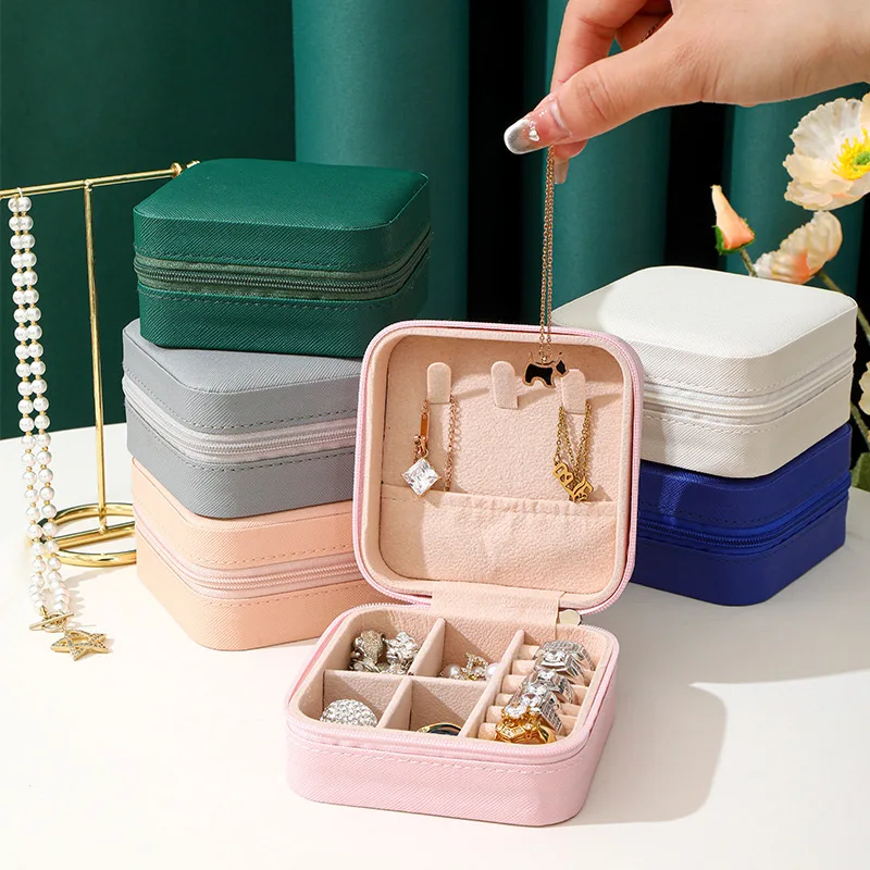 Portable Jewelry Storage Box Mini Leather Zipper Jewelry Box Earrings Necklace Ring Display Rack Travel Jewelry Organizer