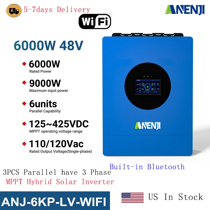 6KW Hybrid Solar Inverter Parallel 110V/120VAC 48V Pure Sine Wave MPPT Inverter With 120A Solar Charger PV 500VDC with wifi