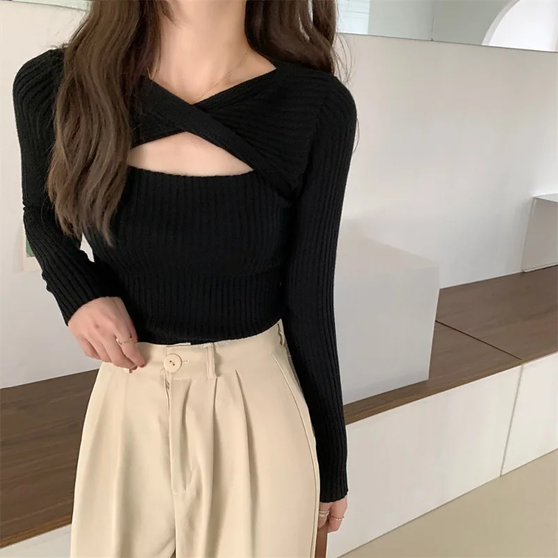 YTJHRG Women Pullover Knitted Sweater V-Neck Autumn Long Sleeve Slim Elastic Korean Simple Jumper Solid Color Tops 2024 Fashion