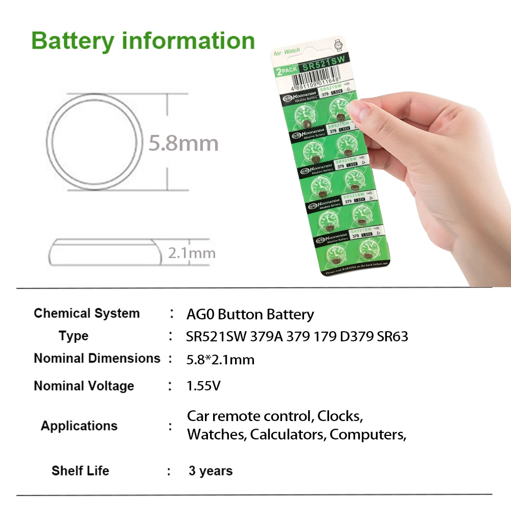 10-50PCS AG0 LR521 Button Batteries SR521SW 379 179 D379 SR63 1.55V Alkaline Coin Cell Ultra-thin Toy Watch Battery