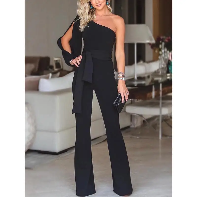 Spring 2024 Sexy High Waist Belted Single oulder Pure Color Slim Fit Jumpsuit Women's Cross-Border Street Sle Casual Pants
