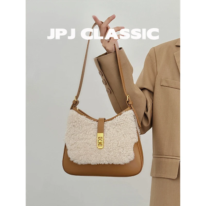 

jpj classic lamb wool cowhide saddle bag women's shoulder bag crossbody cute versatile fur bag commuter armpit bag