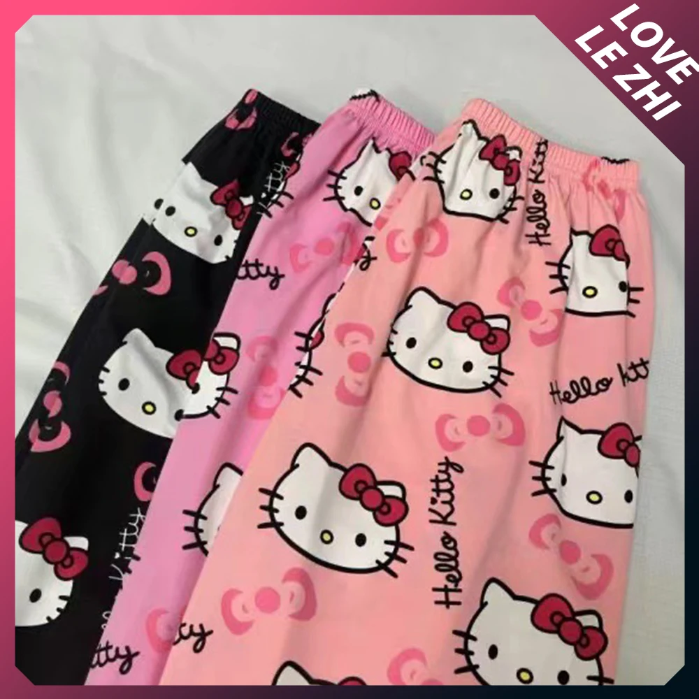 Sanrioed Hello Kittys Flannel Cute Casual Home Pants Women's Warm Cartoon Pajamas Black Spring/summer Air-Conditioned Pants